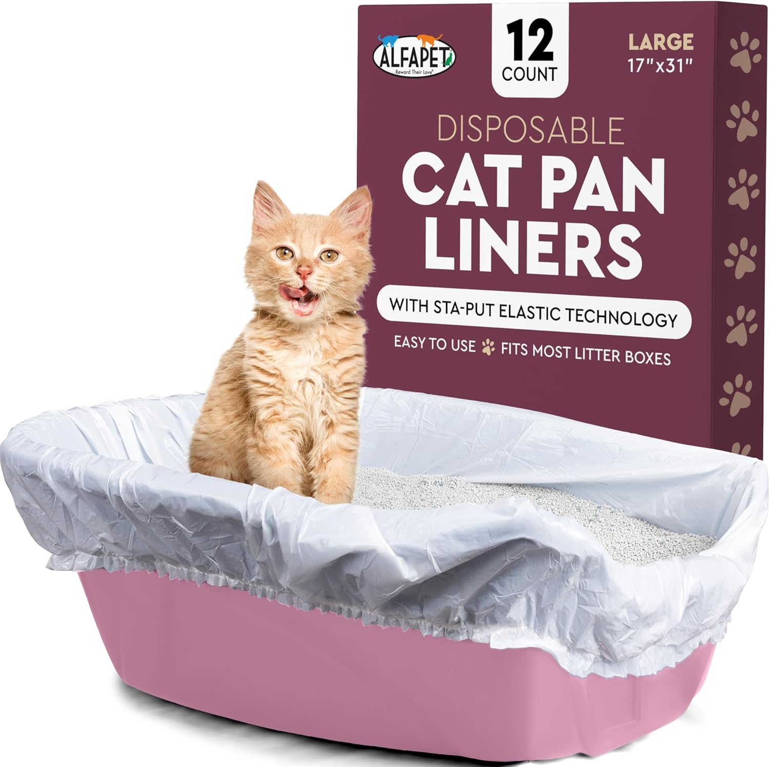 Alfapet Cat Litter Box Liners Large Twelve Count packaging front view showing the ginger kitten