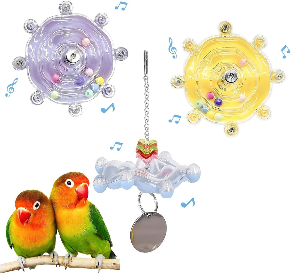 Components of Jevnd bird cage toy with mounting hardware