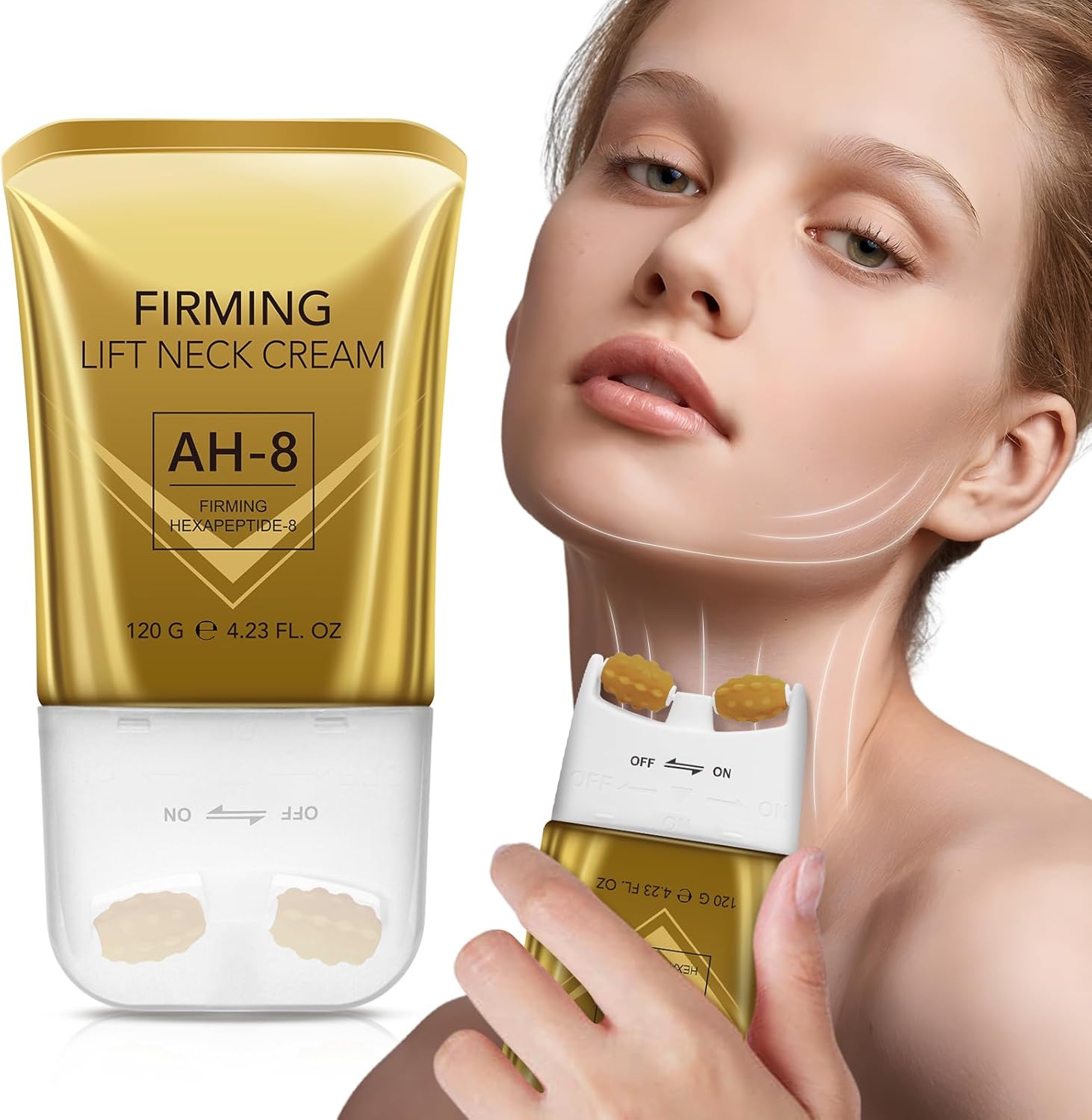 Ycz AH8 Neck Firming Cream front view showing gold tube with built-in roller applicator
