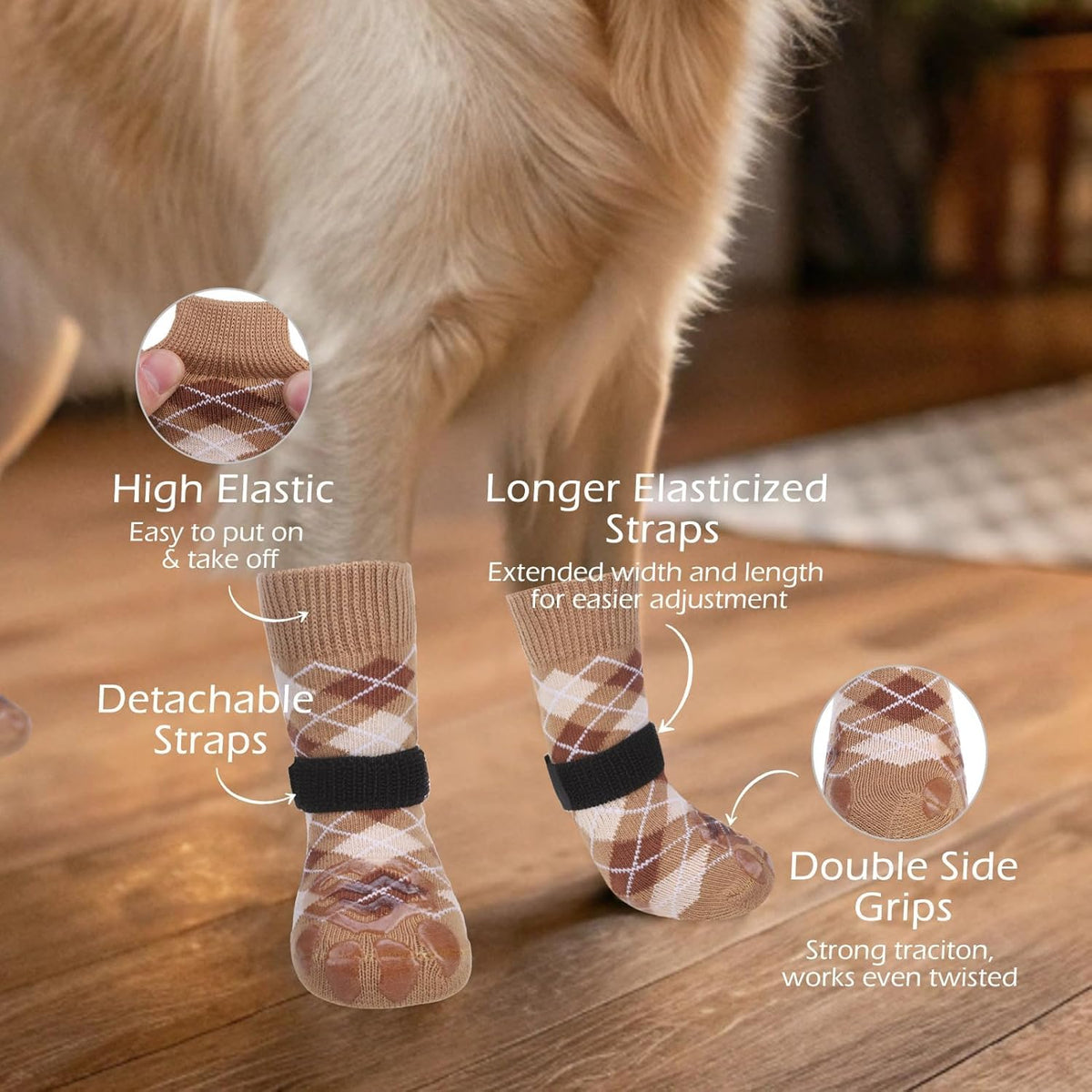 Side profile of Expawlorer dog socks with adjustable strap secured