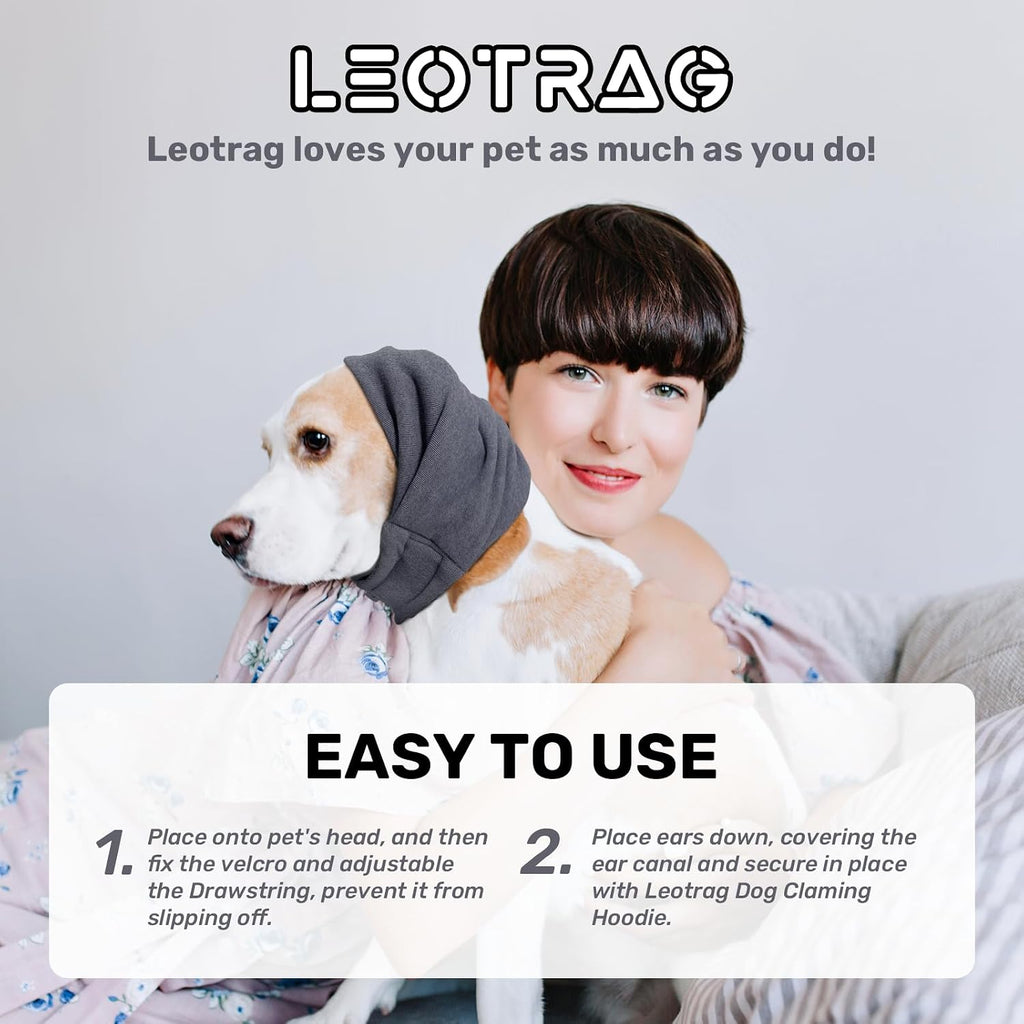 Quiet ear covers for dogs made from soft stretchable grey fabric.