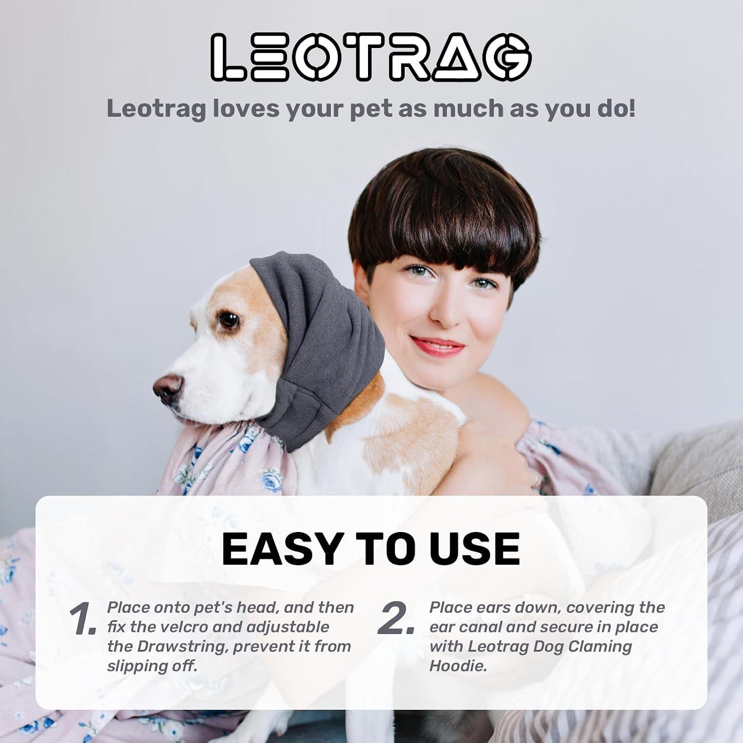 Quiet ear covers for dogs made from soft stretchable grey fabric.