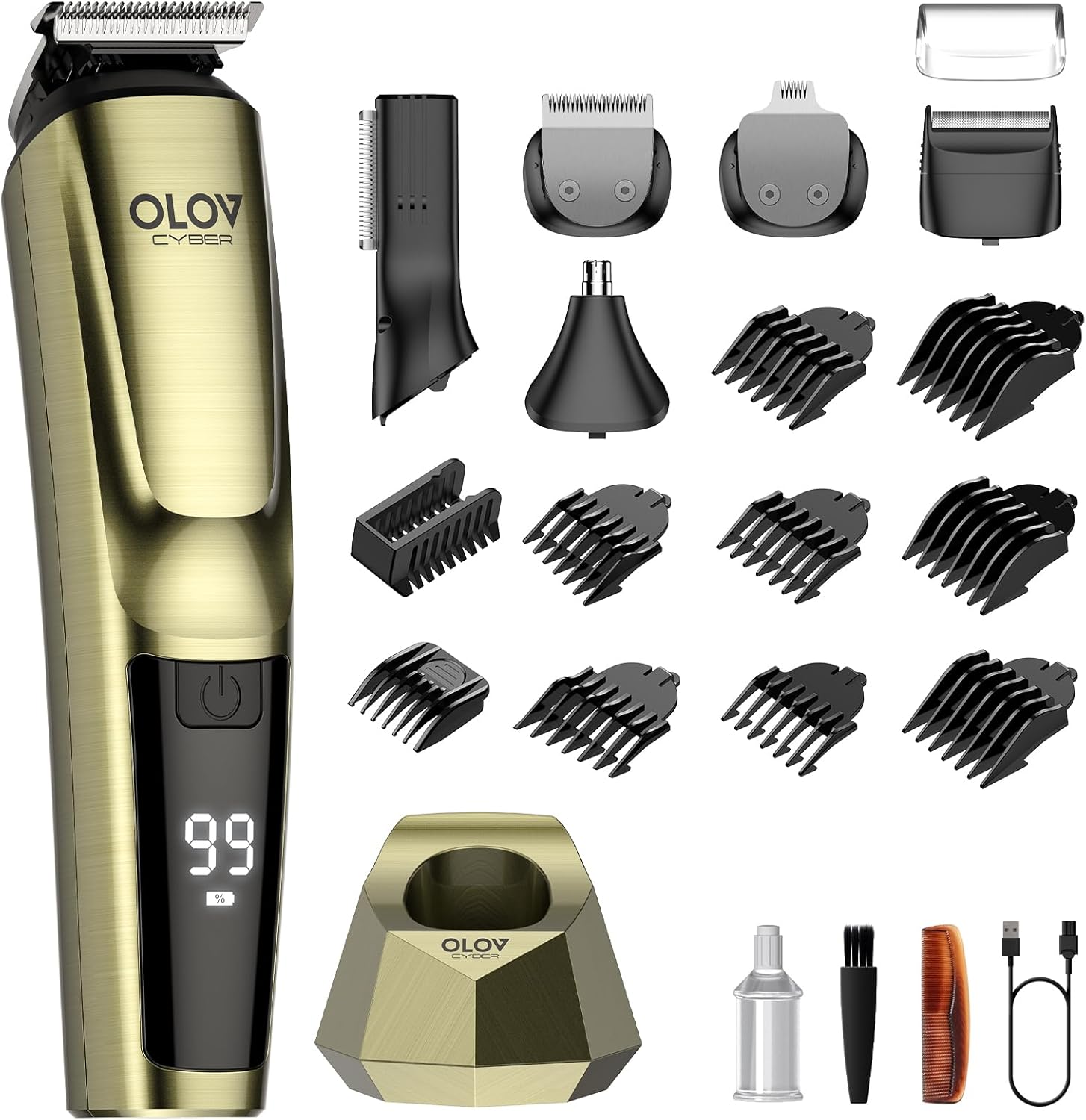 Olov Cyber 18-in-1 mens grooming kit front view with charging dock