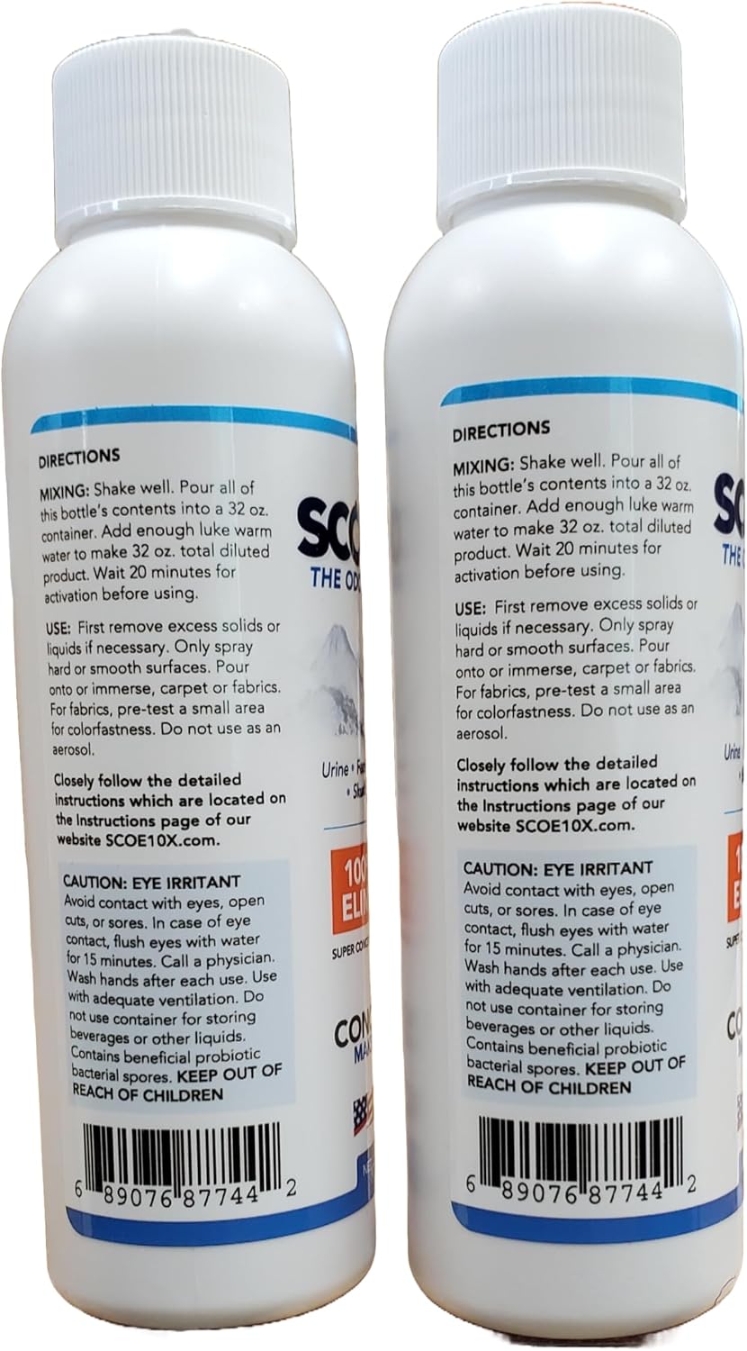 SCOE 10X two pack spray bottle refills showing concentrate instructions for biological waste cleaning