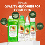 Tropiclean spray being used on a dog's coat