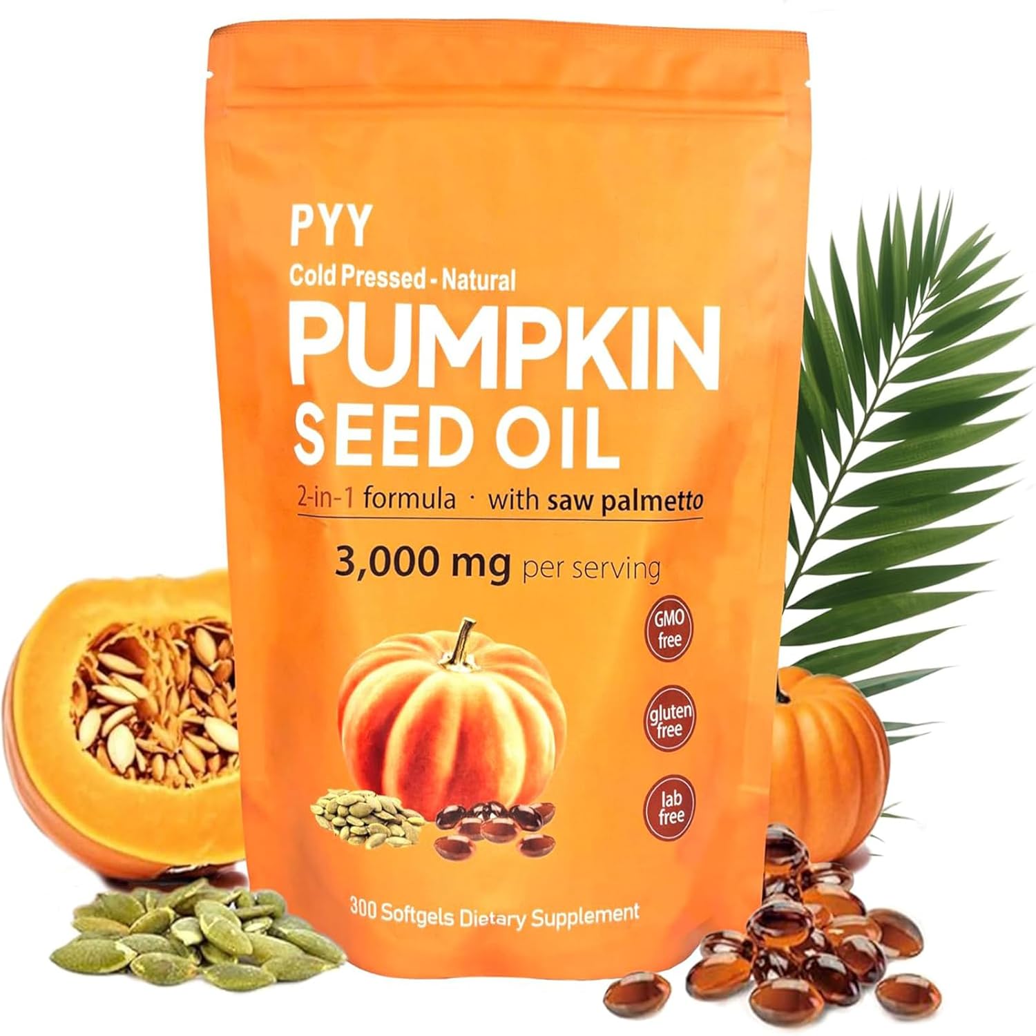 Pyy cold-pressed pumpkin seed oil and saw palmetto softgels front view