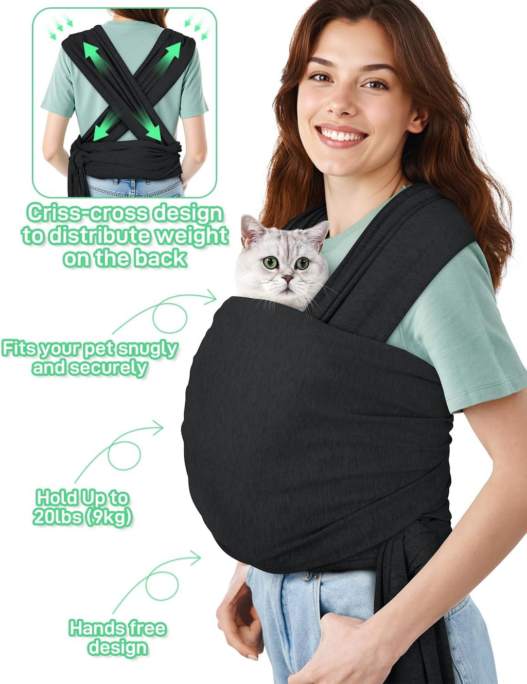 Owner carrying small dog in hands free puppy pouch
