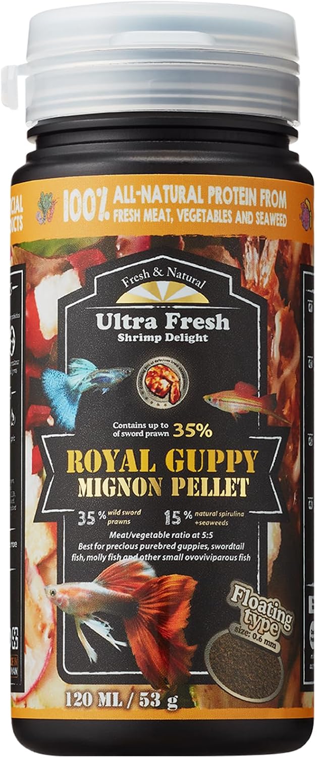Ultra Fresh Royal Guppy Mignon Pellet 1.87 Ounce front container view premium imported fish food
