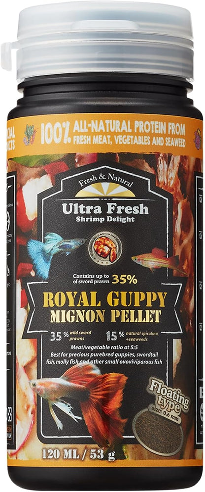 Ultra Fresh Royal Guppy Mignon Pellet 1.87 Ounce front container view premium imported fish food