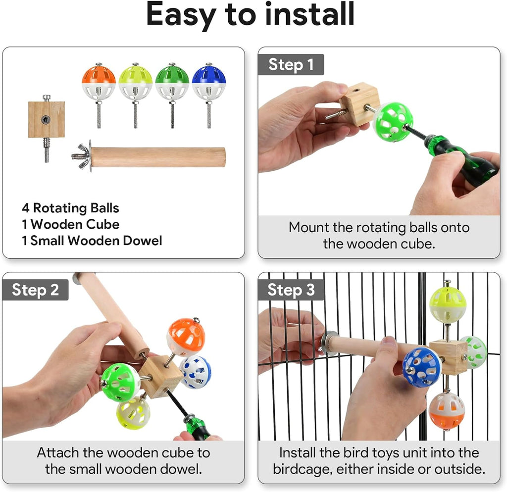 Matutinus bird toy components including wooden perch and spinning bell rattle.