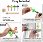 Matutinus bird toy components including wooden perch and spinning bell rattle.