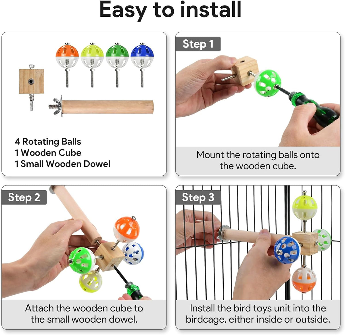 Matutinus bird toy components including wooden perch and spinning bell rattle.