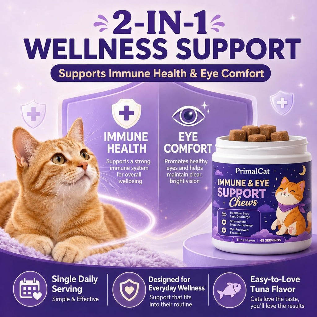 Side angle of OHIWGN pet care product tub highlighting the vet-reviewed immune defense formula for cats.