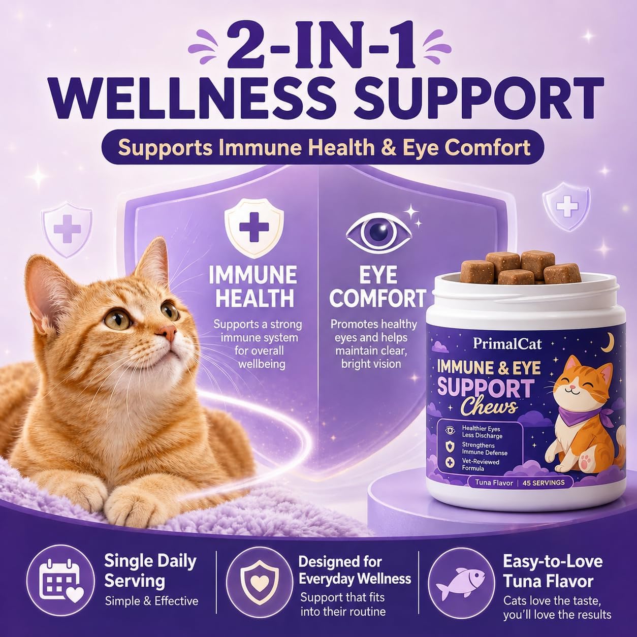 Side angle of OHIWGN pet care product tub highlighting the vet-reviewed immune defense formula for cats.