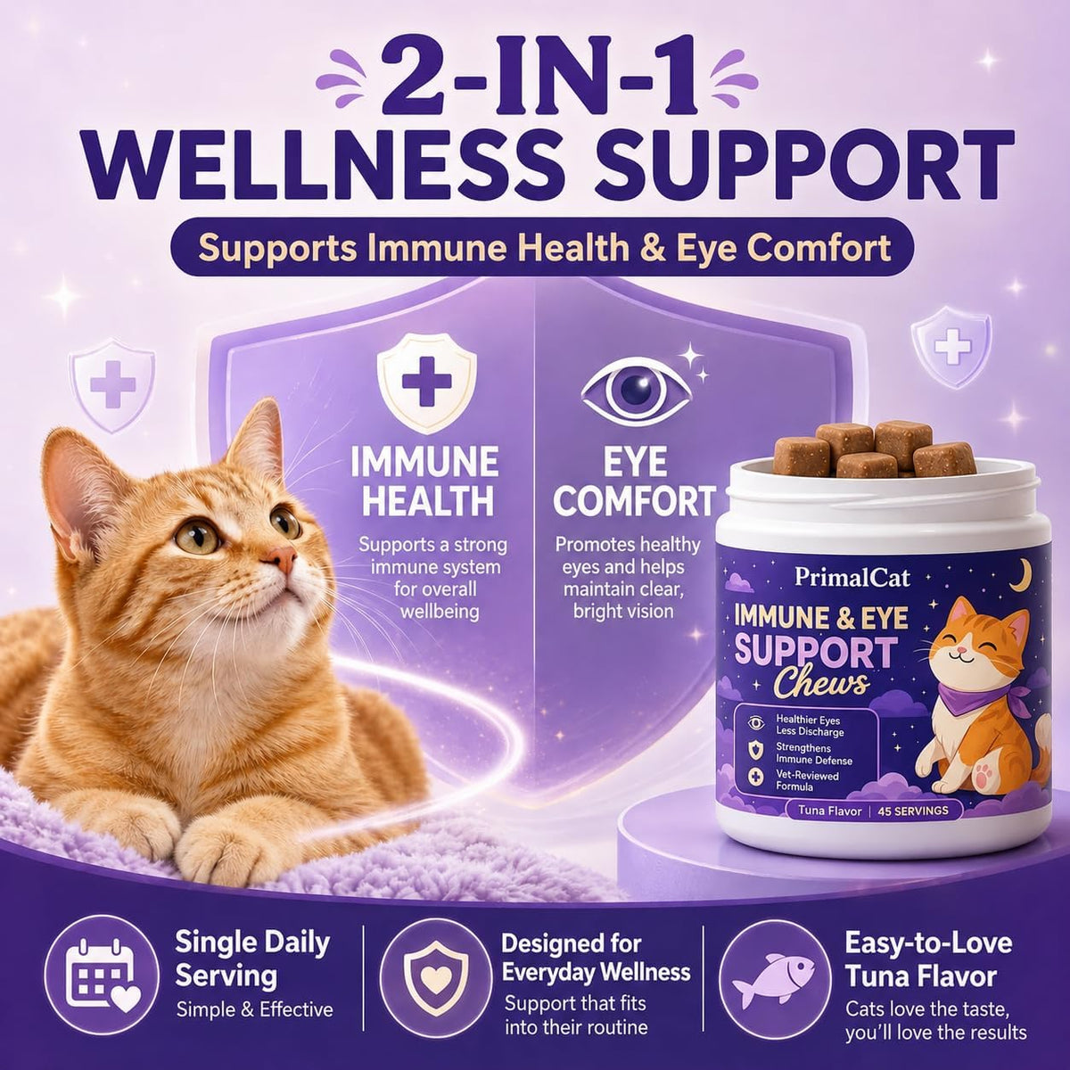 Side angle of OHIWGN pet care product tub highlighting the vet-reviewed immune defense formula for cats.