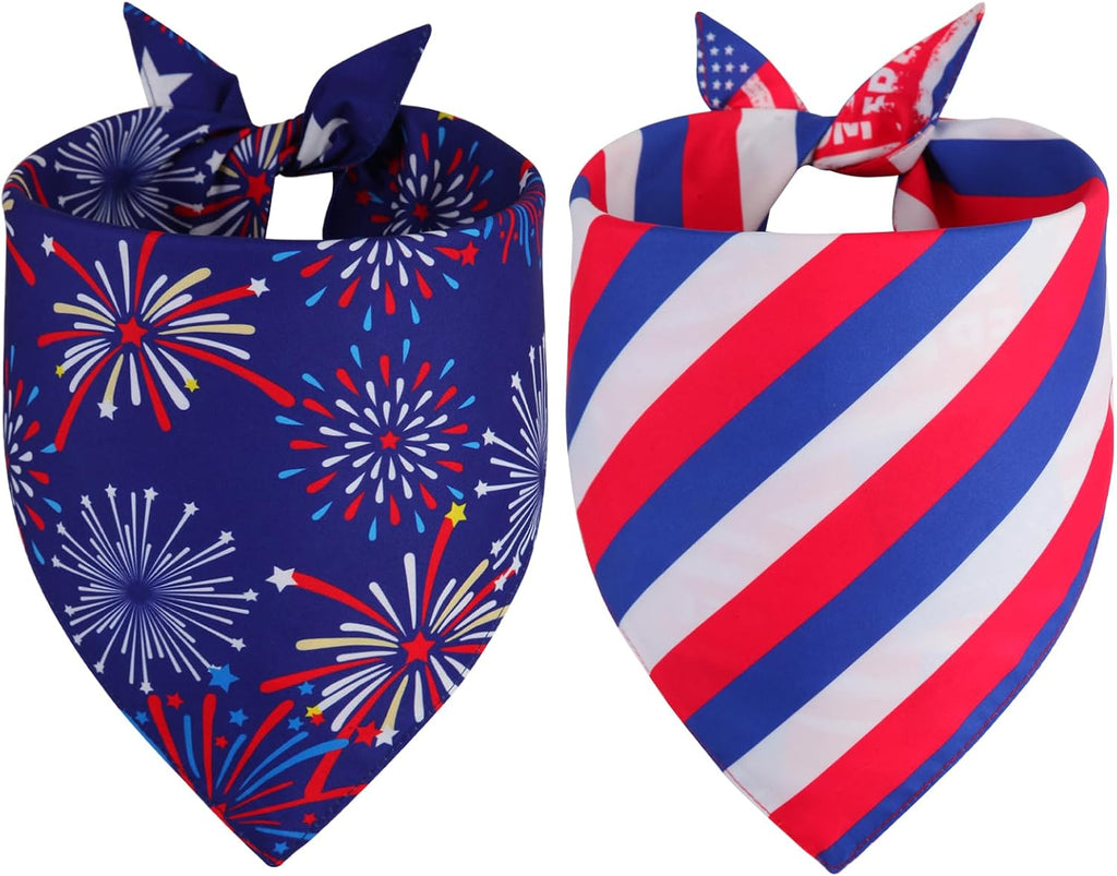 QUQULE reversible patriotic pet scarf set showing four distinct red white and blue holiday designs.