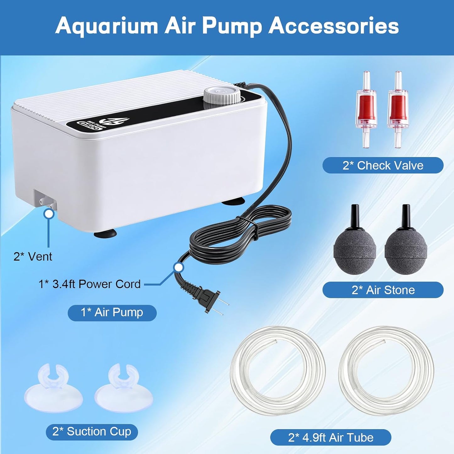 Compact aquarium air pump set up for medium size fish tank