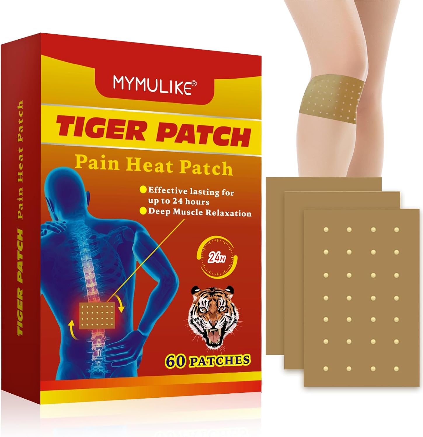 MYMULIKE Tiger Patch box packaging front view showing sixty count muscle warming patches.