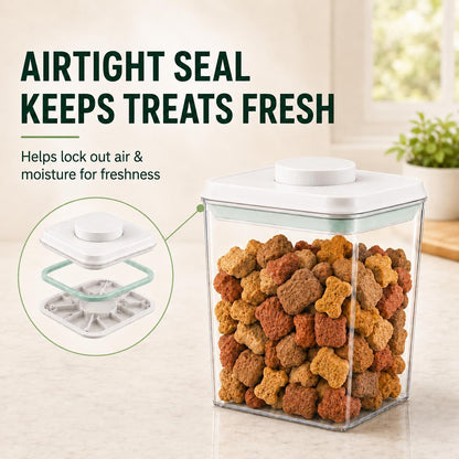 Clear BPA free pet food jar on kitchen shelf