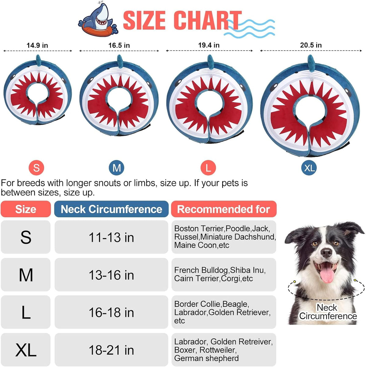 BEAUTYZOO soft pet recovery donut collar shark blue size large