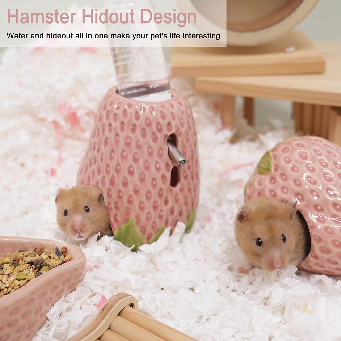 Hamster Water Bottle, Strawberry Ceramic Hamster Gerbil Water Bottle for Glass Tank, Dispenser, 80ML Bottle for Water Holder Stand with 2 No Drip Caps for Syrian Mice, GerbilPink - Image 3