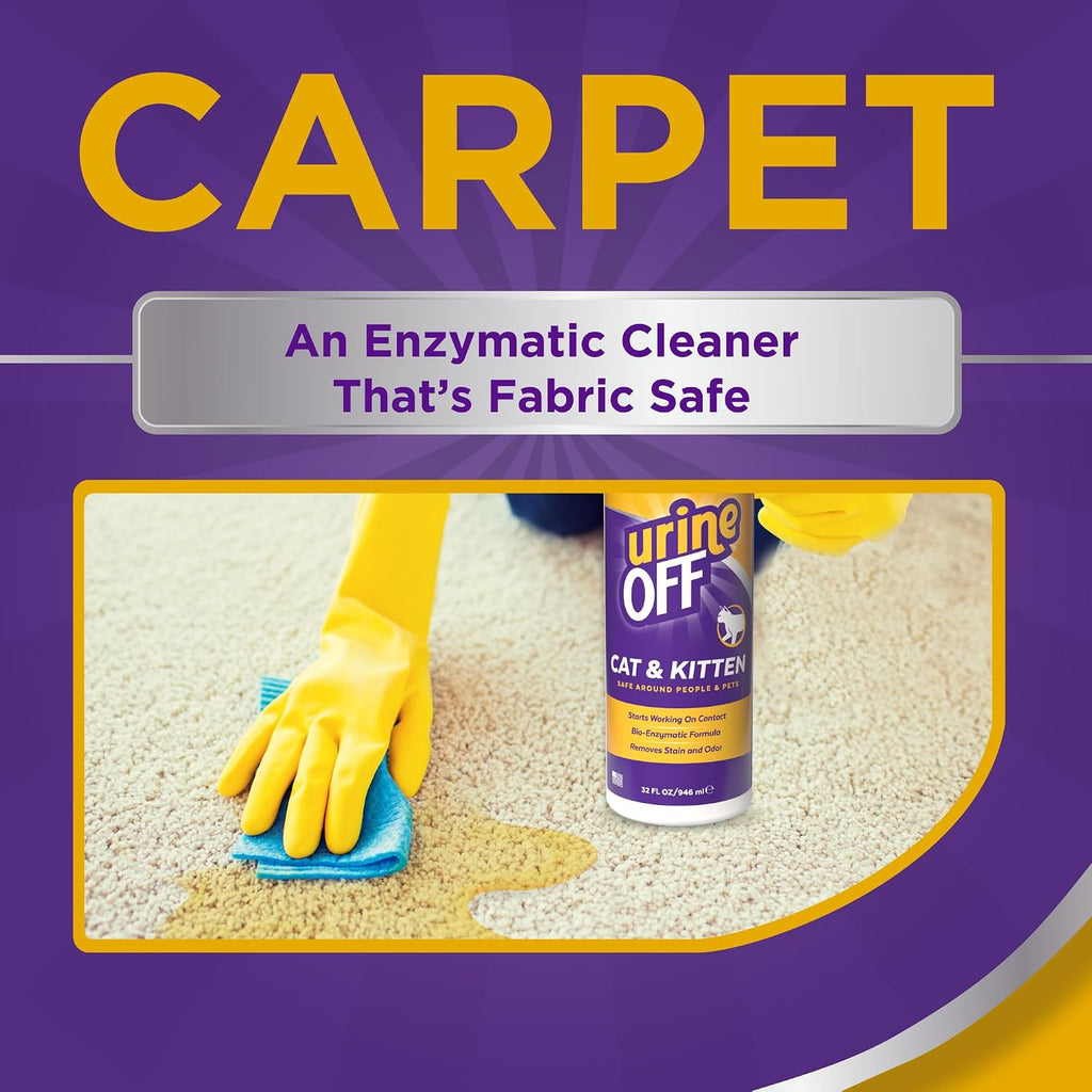 UrineOff bio-enzymatic cat cleaning formula bottle next to a tabby cat