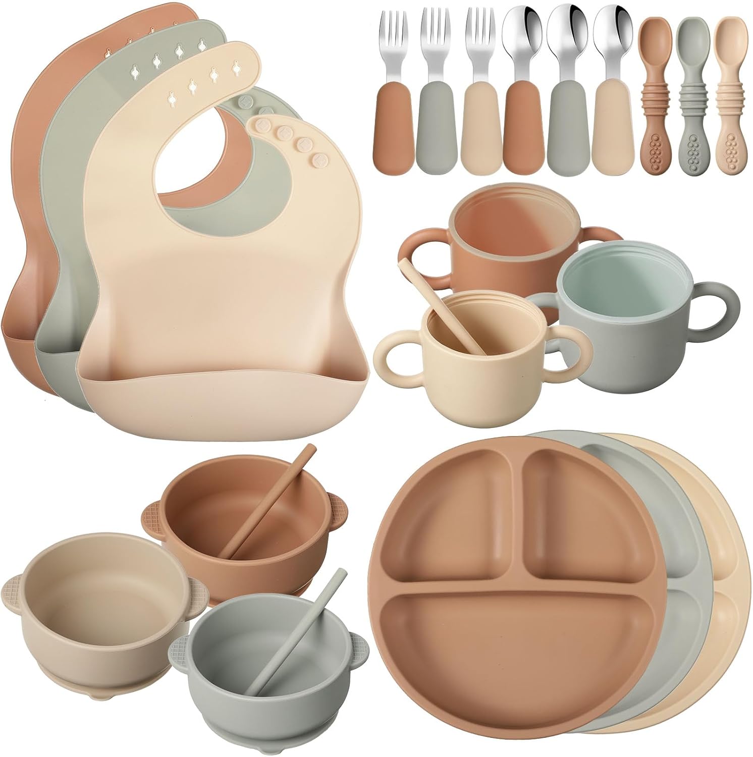 Yinder 24 pack silicone baby feeding set with suction plates and bibs