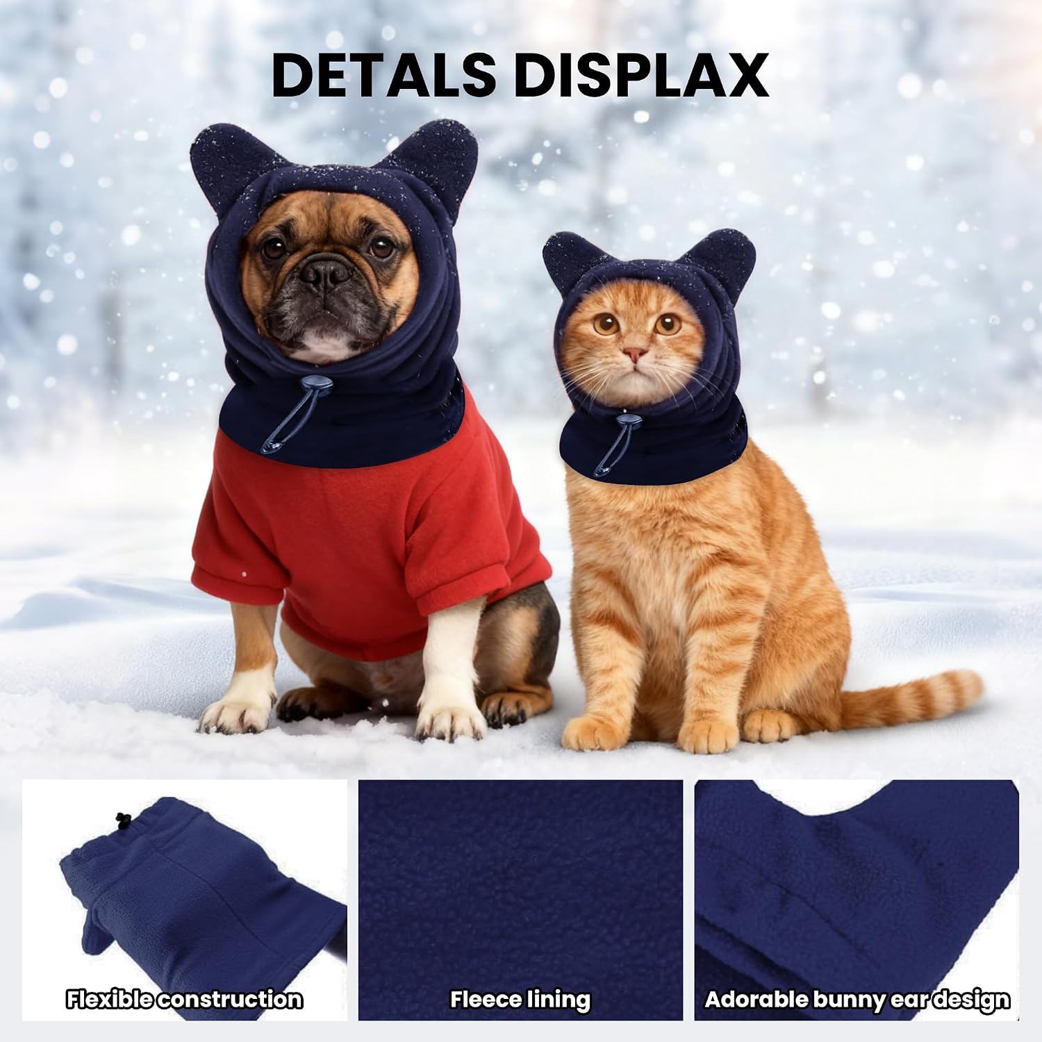 Side profile of dog wearing blue winter pet hood