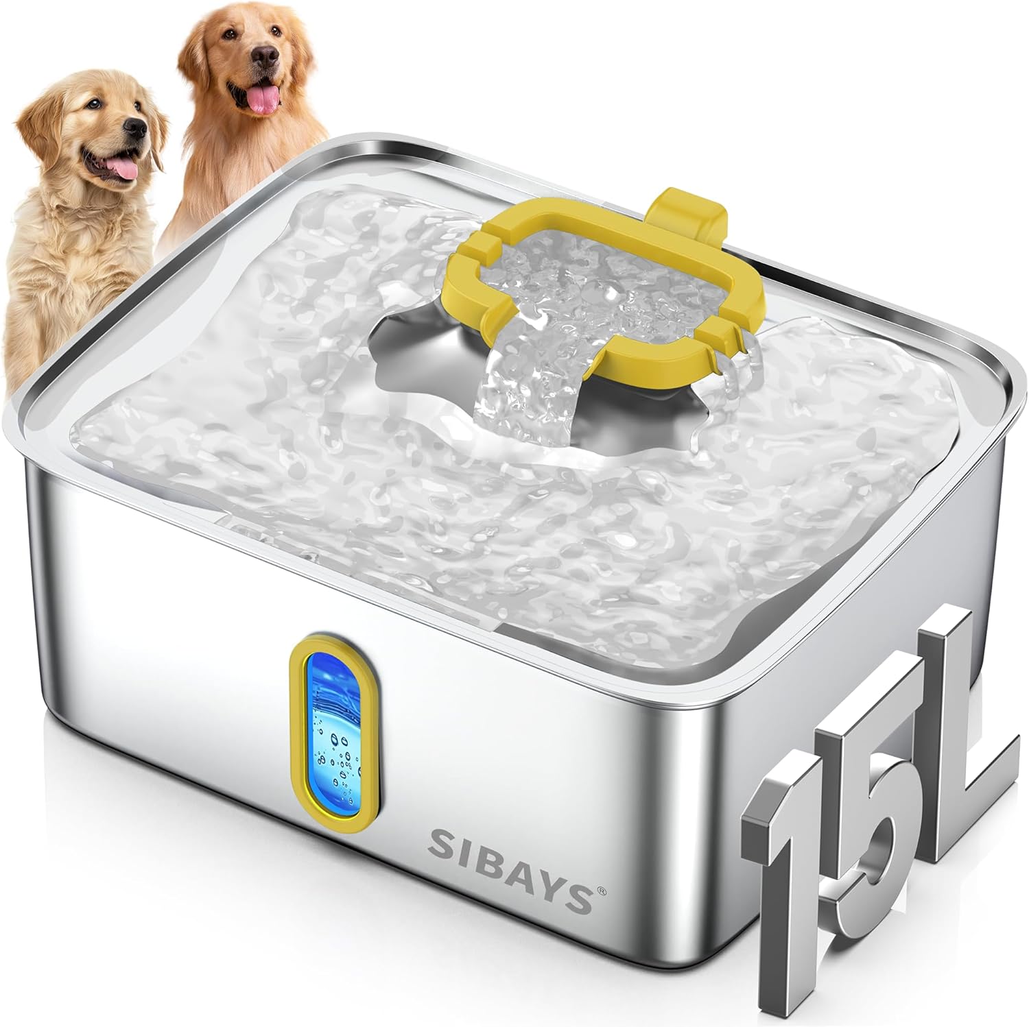 SIBAYS 4Gal/15L Dog Water Fountain for Large Dogs, Stainless Steel Large Pet Water Fountain, Ultra Quiet Automatic Dog Water Bowl Dispenser with Water Level Window and LED Light(FS78, Silver-Grey) - Image 9