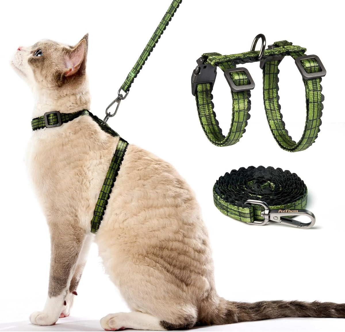 Lifestyle shot of cat using PetThem escape proof harness outdoors