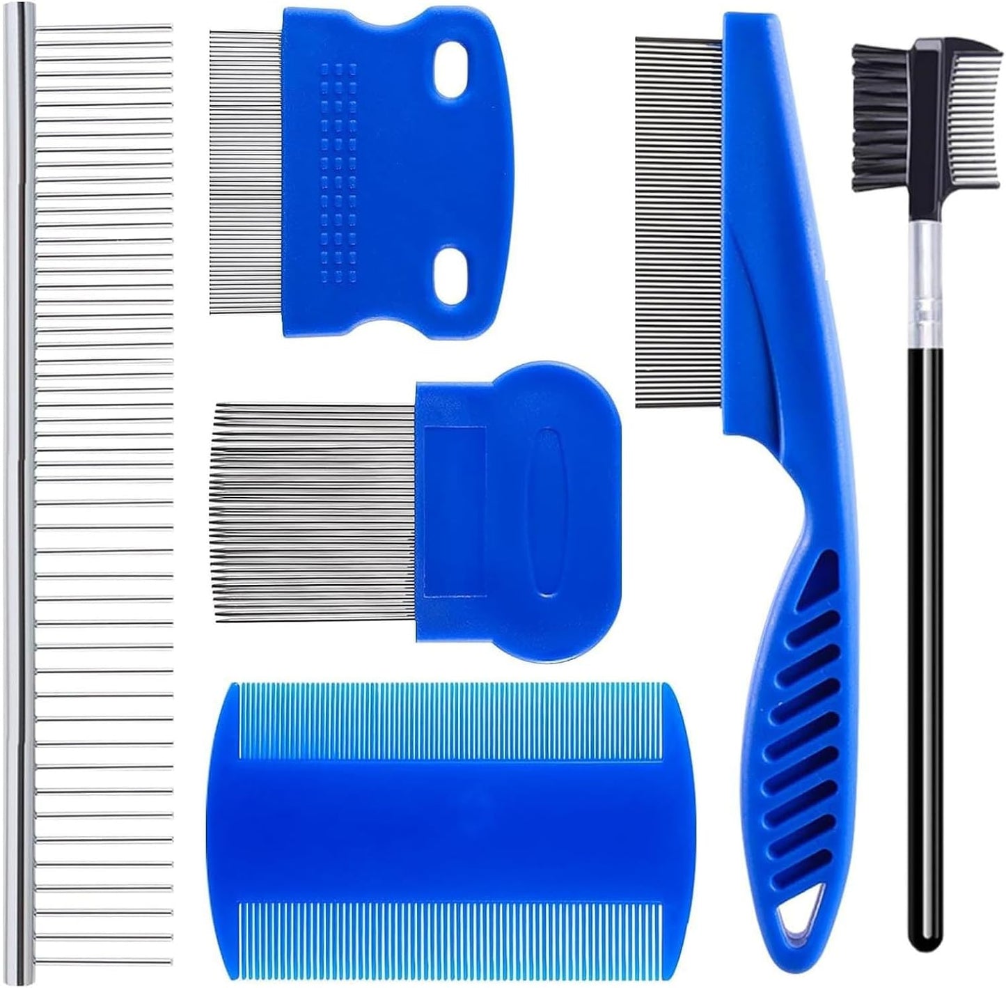 Fernfern 6 pack stainless steel flea comb set front view showing multiple pet grooming tools