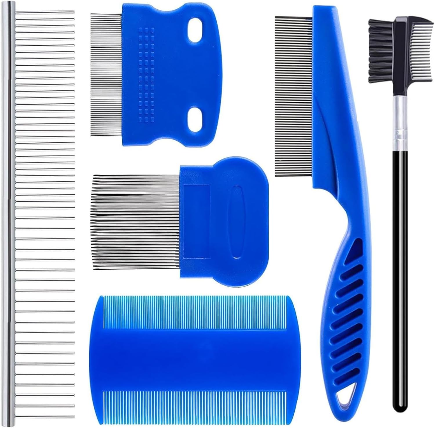 Fernfern 6 pack stainless steel flea comb set front view showing multiple pet grooming tools
