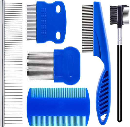 Fernfern 6 pack stainless steel flea comb set front view showing multiple pet grooming tools