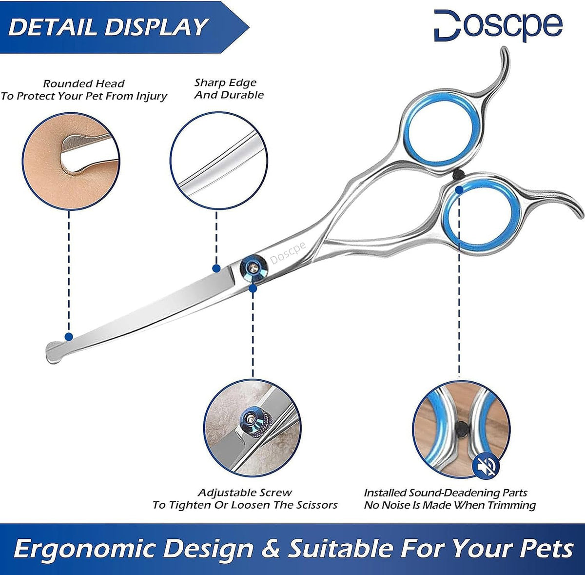 Doscpe round tip pet shears close up of the blunt safety tips