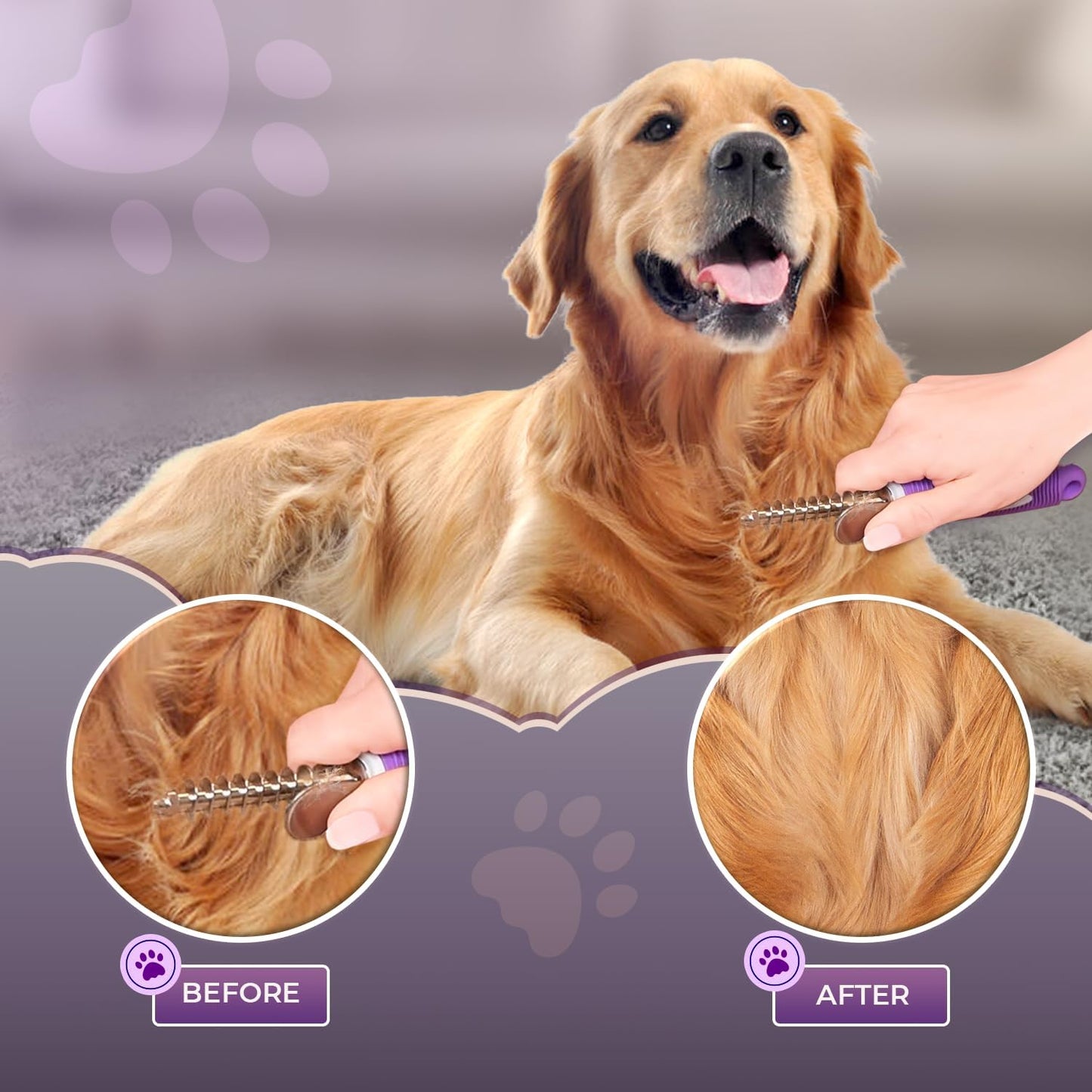 Pet grooming rake removing hair from double-coated cat