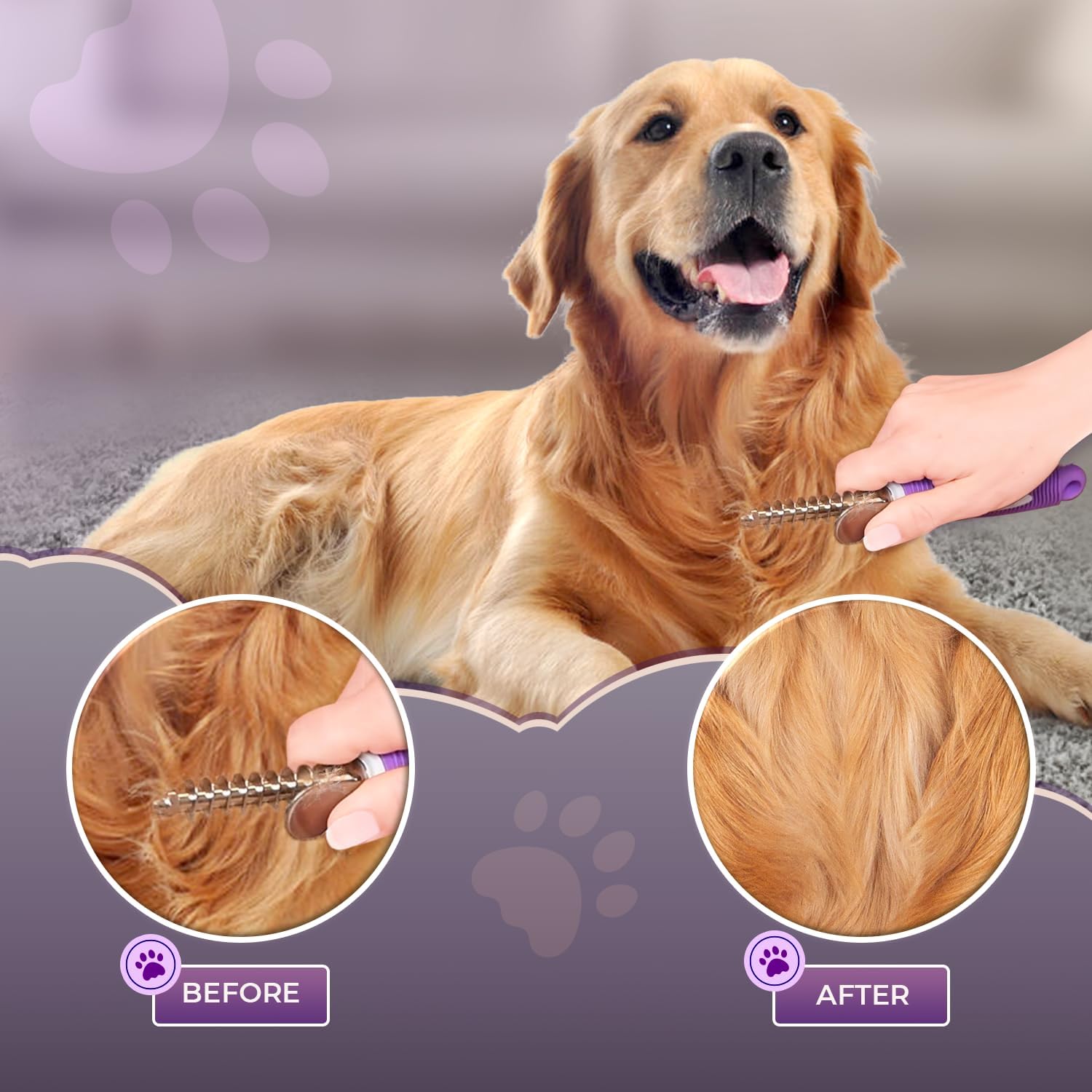 Pet grooming rake removing hair from double-coated cat