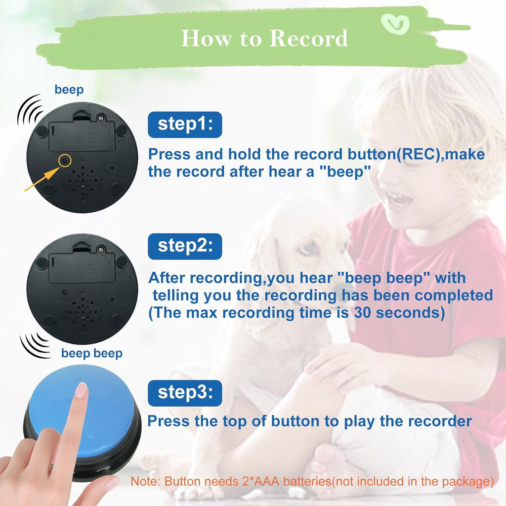 Pet easy speaking buttons tools being pressed by a dog paw.