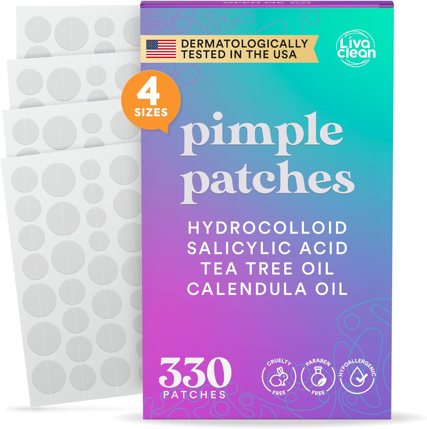 LivaClean 330 count hydrocolloid pimple patches in four sizes for face blemish treatment