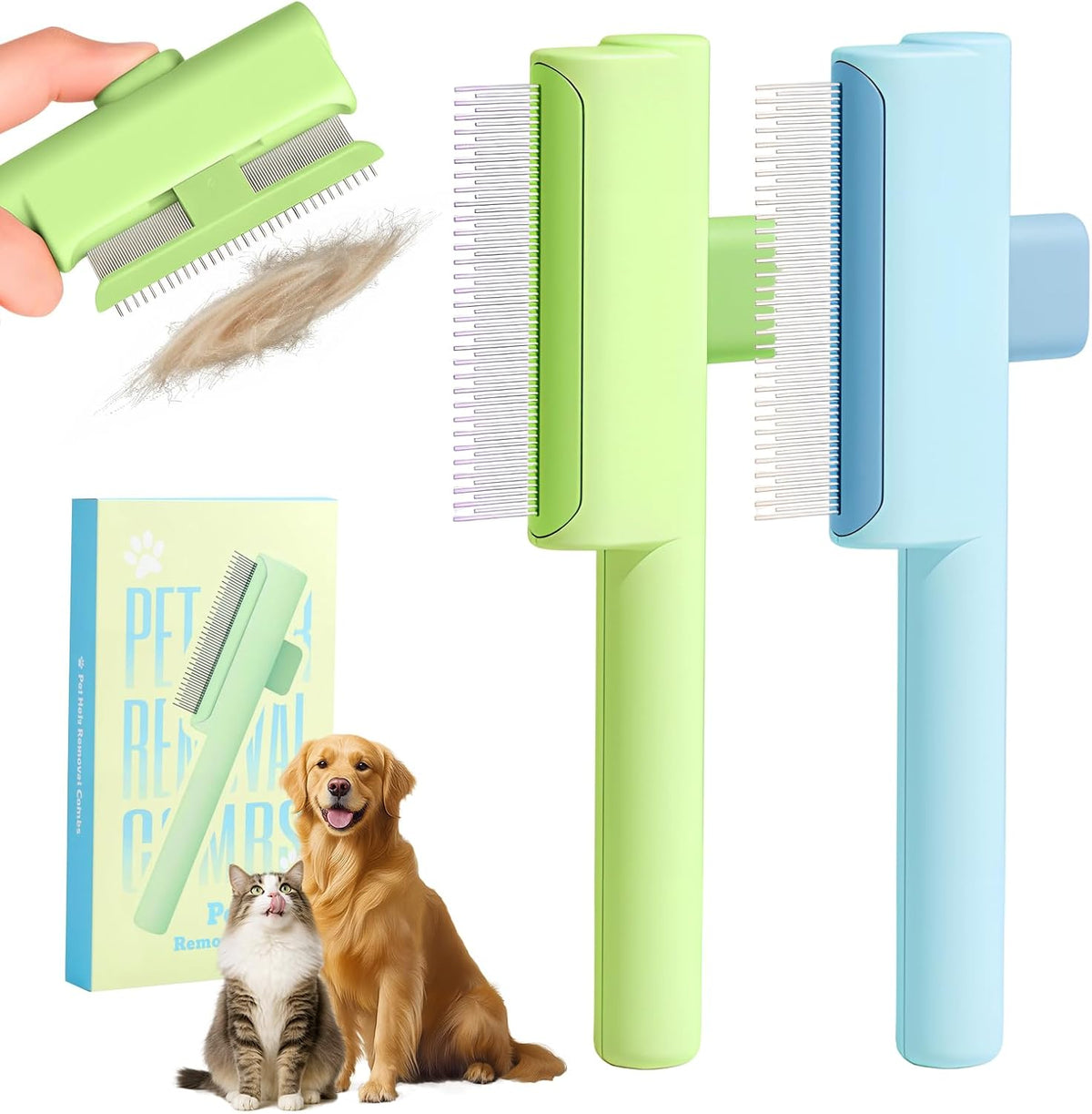 Zrpot pet hair removal comb front view showing the blue and green grooming brush bristles.