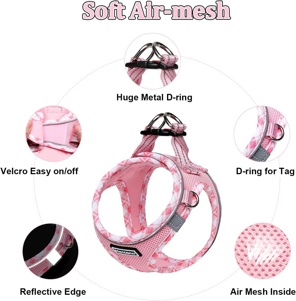 Mercano pink pet vest harness reflective strip detail for safe night walking