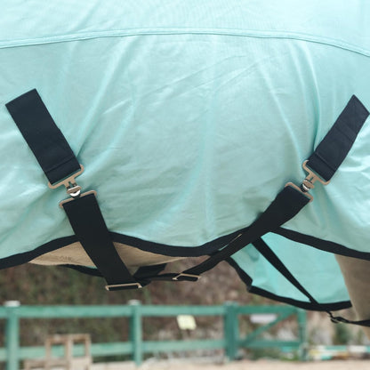 Underbelly view highlighting the adjustable low cross surcingles on the Gallopoff protective horse sheet.
