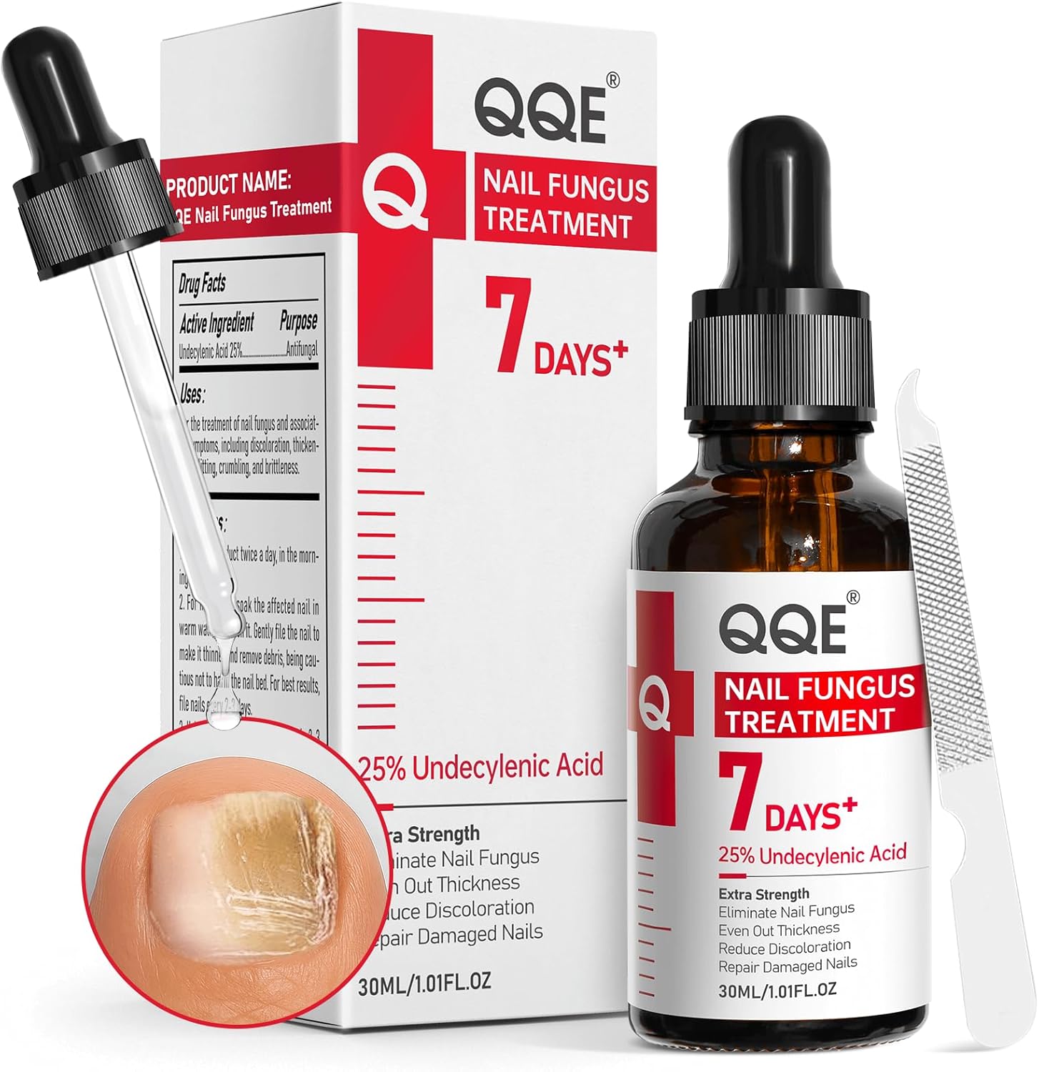 QQE Nail Fungus Treatment Extra Strength 1.01 Fluid Ounce front view showing 25 percent undecylenic acid label.