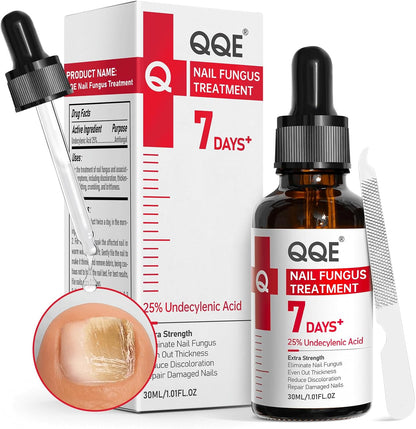 QQE Nail Fungus Treatment Extra Strength 1.01 Fluid Ounce front view showing 25 percent undecylenic acid label.