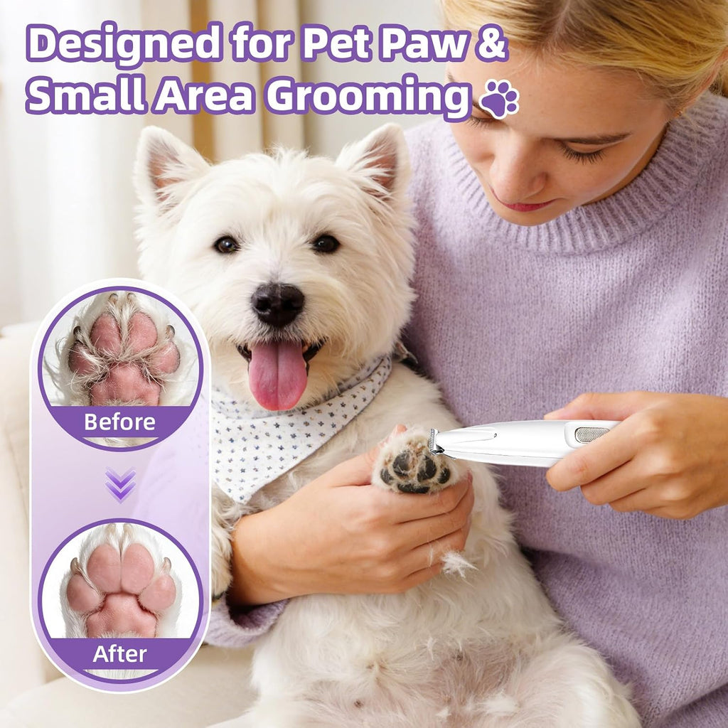 Cordless pet hair clipper highlighting the built in high brightness LED light illuminating a dog paw.