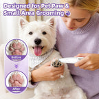 Cordless pet hair clipper highlighting the built in high brightness LED light illuminating a dog paw.