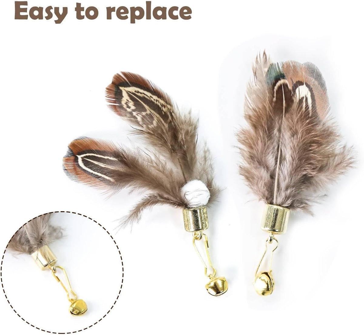 Interactive cat teaser wand attachments showing elastic loop and gold bell