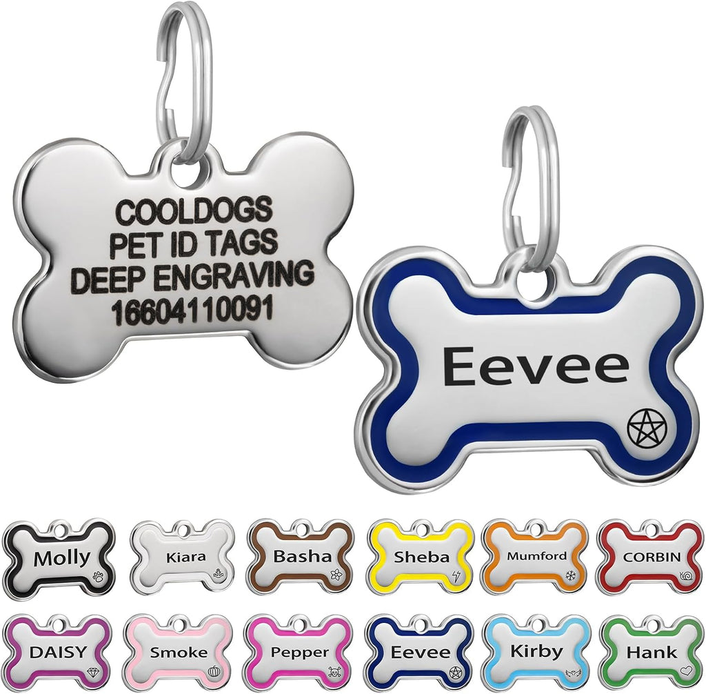 CoolDogs Stainless Steel Enamel Pet ID Tag front view showing bone shape with custom name engraving.