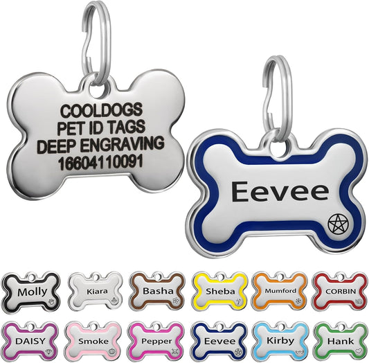 CoolDogs Stainless Steel Enamel Pet ID Tag front view showing bone shape with custom name engraving.