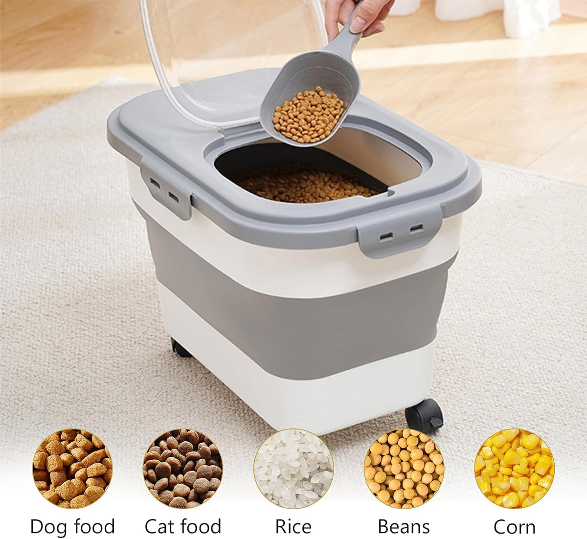 Sewiu pet food storage bin showing interior capacity