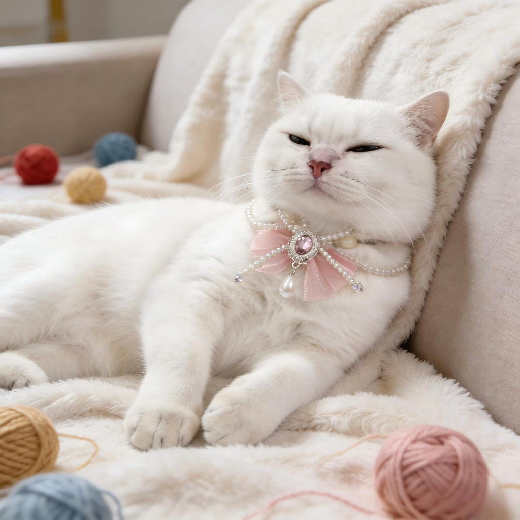 High quality sparkling crystal and pearl pet neck accessory for holiday photoshoots.